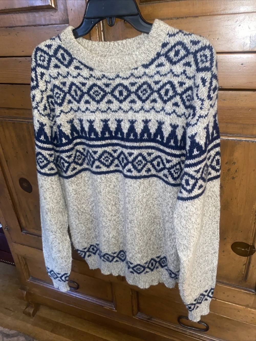 Vintage Men's LL Bean Wool Blend Knit Sweater-Ski Lodge-Outdoors-Oatmeal/Blue-L